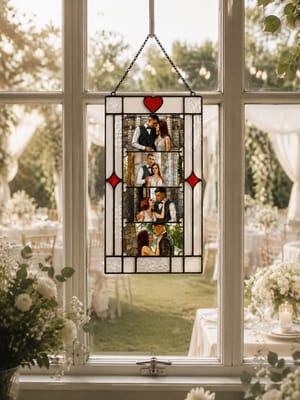Personalized Celestial Stained Glass Photo Frame, Custom Sun Moon Star Photobooth Picture Strip Holder, Boho Hanging Suncatcher Couple Gift