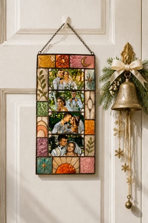 Personalized Celestial Stained Glass Photo Frame, Custom Sun Moon Star Photobooth Picture Strip Holder, Boho Hanging Suncatcher Couple Gift
