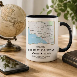Personalized Wedding Love Marriage Map Mug, Custom Ceramic Coffee Cup for Wedding Couple, Long Love Distance Anniversary Gift