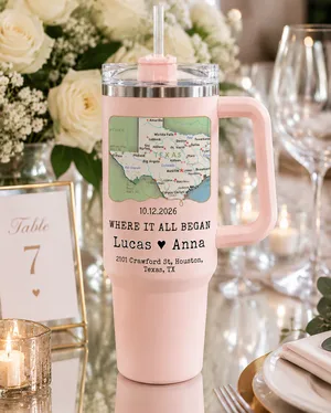 Personalized Wedding Love Marriage Map Tumbler, Custom Insulated Travel Cup for Wedding Couple, Long Love Distance Anniversary Gift