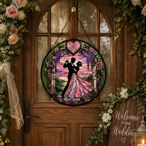 Custom Name Stained Glass Suncatcher Portrait for Wedding Couple, Personalized Window Hanging Decor, Romantic Wedding Love Marriage Celebration Gift