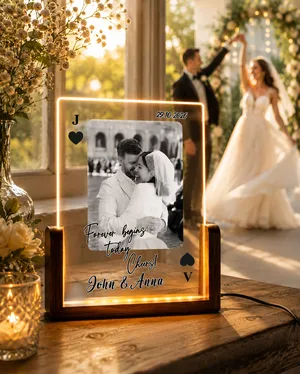 Personalized Wedding Love Marriage Playing Card Lamp, Custom Acrylic Night Light for Wedding Couple, Long Love Distance Photo Box Gift