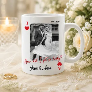 Custom Wedding Love Marriage Playing Card Coffee Mug, Personalized Picture Cup for Wedding Couple, Long Love Distance Anniversary Keepsake Gift