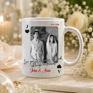 Custom Wedding Love Marriage Playing Card Coffee Mug, Personalized Picture Cup for Wedding Couple, Long Love Distance Anniversary Keepsake Gift