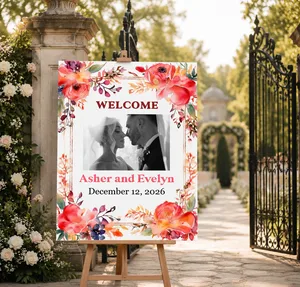 Personalized Photo Wedding Welcome Sign, Colorful Pink Orange Floral, Half Arch Foam Board Sign, Modern Vibrant Marriage Board