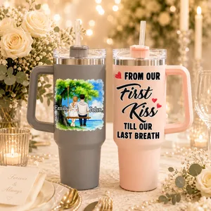 Personalized Set of 2 Wedding Couple Tumblers - Custom Names Tree Swing Design, "From Our First Kiss Till Our Last Breath" Stainless Steel Travel Cup Set, Unique Anniversary & Wedding Gift for Bride and Groom