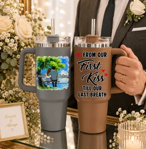 Personalized Set of 2 Wedding Couple Tumblers - Custom Names Tree Swing Design, "From Our First Kiss Till Our Last Breath" Stainless Steel Travel Cup Set, Unique Anniversary & Wedding Gift for Bride and Groom
