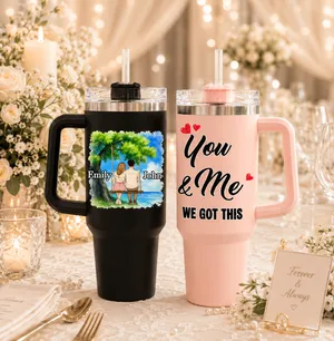 Personalized Set of 2 Wedding Couple Tumblers - Custom Names Tree Swing Design, "You & Me We Got This" Stainless Steel Travel Cup Set, Unique Anniversary & Wedding Gift for Bride and Groom