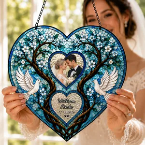Personalized Wedding Gift Couple Photo Suncatcher, Custom Tree Heart Stained Glass Window Hanging, Bridal Shower Gift, Anniversary Keepsake