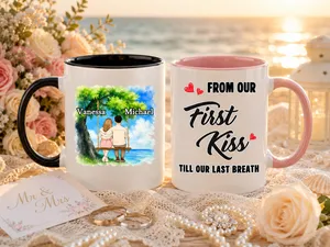 Personalized Wedding Couple Mug - Custom Names Tree Swing Design, "From Our First Kiss Till Our Last Breath" Ceramic Coffee Cup, Unique Anniversary & Wedding Gift for Bride and Groom