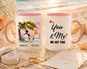Personalized Wedding Couple Mug - Custom Names Sunset Beach Design, "You & Me We Got This" Ceramic Coffee Cup, Unique Anniversary & Wedding Gift for Bride and Groom
