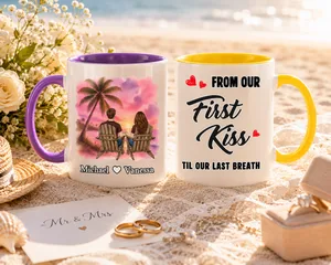 Personalized Wedding Couple Mug - Custom Names Tropical Sunset Design, "From Our First Kiss Till Our Last Breath" Ceramic Coffee Cup, Unique Anniversary & Wedding Gift for Bride and Groom