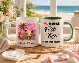 Personalized Wedding Couple Mug - Custom Names Tropical Sunset Design, "From Our First Kiss Till Our Last Breath" Ceramic Coffee Cup, Unique Anniversary & Wedding Gift for Bride and Groom
