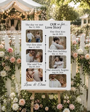 Personalized Wedding Welcome Sign - Custom Couples Photo Timeline, "Our Love Story" Timeline Board, Unique Wedding Decor for Bride and Groom, Eco-Friendly Signage