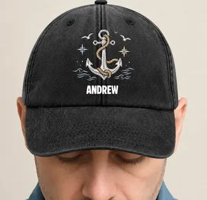 Washed Denim Baseball Cap with Boat Anchor and Nautical Flags - Coastal Style Unique Gift for Sailors and Boat Lovers