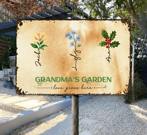 Rectangular Iron Sign – “Grandma’s Garden • Love Grows Here” Personalized Metal Plaque