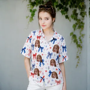 Custom Face Summer Hawaiian Shirt, Personalized Patriotic Photo Shirt, Red White Blue Bow Design, Fourth of July Vacation Gift
