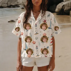 Personalized Nautical Photo Aloha Shirt, Family Friends Beach Vacation Shirt, Lighthouse Sailboat Coastal Group Gift