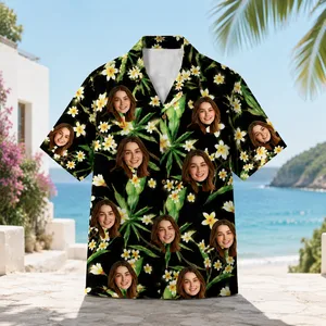 Personalized Custom Face Hawaiian Shirt Black Floral Tropical Vacation Gift