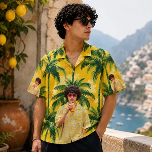 Vacation Poster Hawaiian Shirt – Personalized Full Body Photo Aloha Shirt, Custom Palm Scene Gift for Family, Friends & Summer Trips