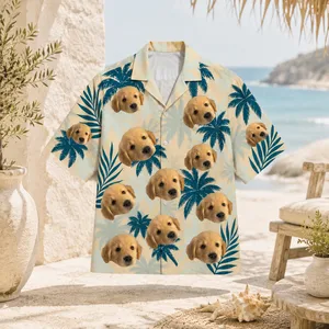 Personalized Custom Face Hawaiian Shirt Blue Palm Tree Tropical Beach Vacation Gift