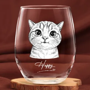 Custom Photo Pencil Sketch Art Family Besties Dog Cat Portrait - Personalized Stemless Wine Glass