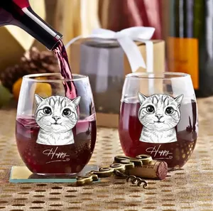 Custom Photo Pencil Sketch Art Family Besties Dog Cat Portrait - Personalized Stemless Wine Glass