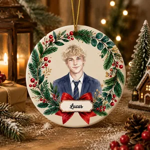 Personalized Ceramic Christmas Ornament Round Shape Custom Photo Name Christmas Wreath Red Bow Christmas Gift