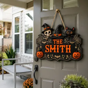 Halloween Family Door Sign Custom Name, Witch Hat Skull Cat Hanging Decoration, Rustic Black Wood Welcome Sign, Front Door Porch Wall Decor for Halloween Lovers