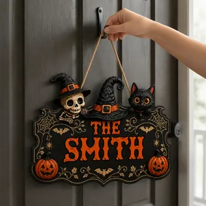Halloween Family Door Sign Custom Name, Witch Hat Skull Cat Hanging Decoration, Rustic Black Wood Welcome Sign, Front Door Porch Wall Decor for Halloween Lovers