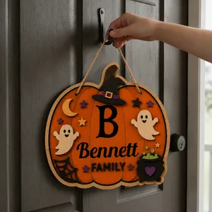 Custom Halloween Door Sign Personalized Family Name, Pumpkin Shape Ghost Witch Hat Welcome Plaque, Cute Spooky Front Door Decor, Halloween Gift for Home & Loved Ones
