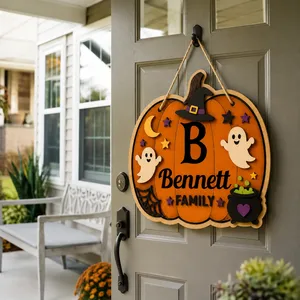 Custom Halloween Door Sign Personalized Family Name, Pumpkin Shape Ghost Witch Hat Welcome Plaque, Cute Spooky Front Door Decor, Halloween Gift for Home & Loved Ones