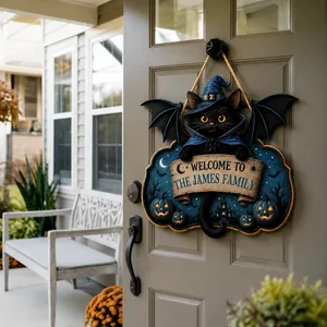 Halloween Cat Door Sign Custom Text, Witch Hat Black Cat Bat Decoration with Purple Night Scene, Spooky Wall Hanging Decor for Door, Room & Home