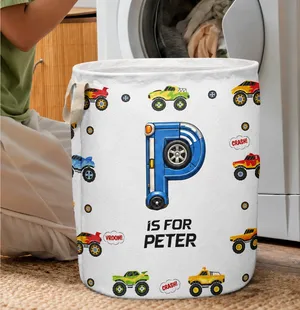Kid Monster Truck Toy Container Monogram Initial - Personalized Laundry Basket, Storage Basket