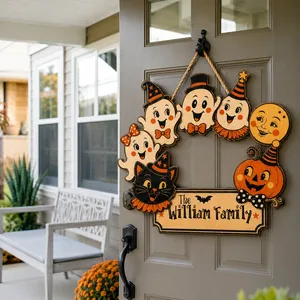 Halloween Family Door Sign Personalized Name, Adorable Ghosts Witch Cat Pumpkin Decoration, Rustic Haunted Welcome Plaque for Front Door & Wall, Halloween Gift