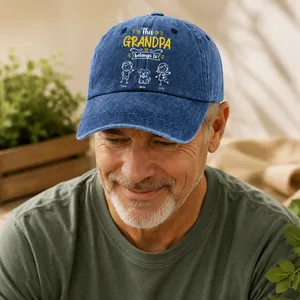 Washed Denim Baseball Cap with Stick-Figure Grandkids Art, Vintage Adjustable, Breathable - a Unique Gift for Grandpa