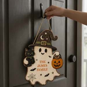 Personalized Ghost Halloween Door Hanger, Custom Family Name Wooden Sign with Witch Hat, Black Cat, Pumpkin & Spider Web Design, Cute Halloween Home Decor