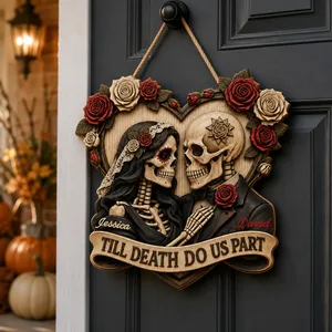 Personalized Halloween Door Sign Custom Names, Till Death Do Us Part Skeleton Couple Wedding Decor, Gothic Skull Rose Heart Wall Hanging, Romantic Spooky Front Door Decoration, Halloween Gift