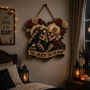 Personalized Halloween Door Sign Custom Names, Till Death Do Us Part Skeleton Couple Wedding Decor, Gothic Skull Rose Heart Wall Hanging, Romantic Spooky Front Door Decoration, Halloween Gift