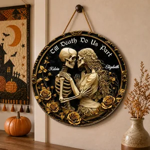 Custom Halloween Door Sign Personalized Names, Skeleton Couple Till Death Do Us Part Welcome Plaque, Gothic Rose Floral Decor, Front Door Wall Hanging Gift for Couples