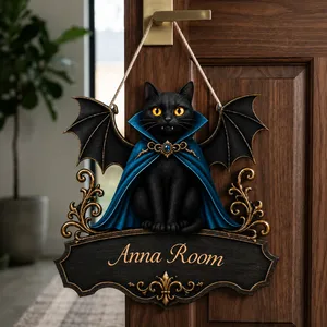 Personalized Halloween Door Sign Custom Family Name, Black Cat Vampire Bat Welcome Sign, Gothic Red Cape Cat Wall Decor, Spooky Front Door Hanging Decoration, Halloween Gift for Family