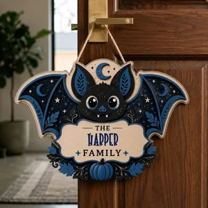 Personalized Bat Halloween Door Hanger, Custom Family Name Sign with Black Bat, Orange Moon, Stars & Pumpkin Design, Gothic Halloween Home Decor Gift