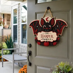 Personalized Bat Halloween Door Hanger, Custom Family Name Sign with Black Bat, Orange Moon, Stars & Pumpkin Design, Gothic Halloween Home Decor Gift