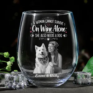 Custom Photo Pencil Sketch Pet Portrait A Woman & Her Dog - Personalized Stemless Wine Glass