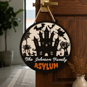 Custom Family Halloween Door Sign, Personalized Haunted House Name Plaque, Spooky Asylum Hanging Decor, Unique Halloween Home Gift