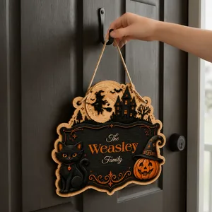 Personalized Halloween Door Sign, Custom Family Name Haunted House Plaque, Black Cat Pumpkin Witch Decor, Gothic Home Entrance Gift