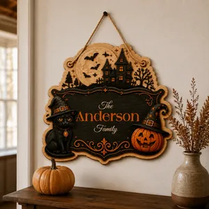 Personalized Halloween Door Sign, Custom Family Name Haunted House Plaque, Black Cat Pumpkin Witch Decor, Gothic Home Entrance Gift