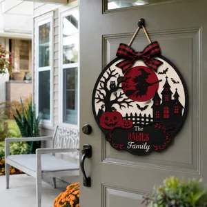 Personalized Witchy Halloween Family Sign, Custom Name Haunted Village Door Decor, Pumpkin Bat Castle Plaque, Unique Halloween Gift