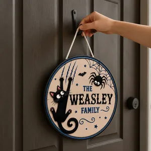 Personalized Halloween Door Sign, Custom Family Name Black Cat Spider Decor, Spooky Web Hanging Plaque, Gothic Halloween Home Gift