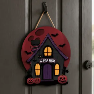 Custom Family Halloween Door Hanger, Personalized Haunted House Name Sign, Witchy Cottage Moon Decor, Pumpkin Bat Spooky Home Gift
